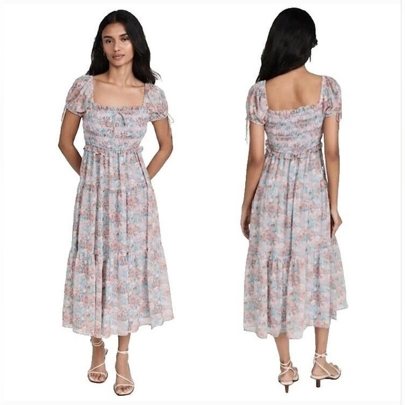 En Saison Short Sleeve Smocked Floral Blue and Pink Floral Midi Dress Peasant - Picture 1 of 12